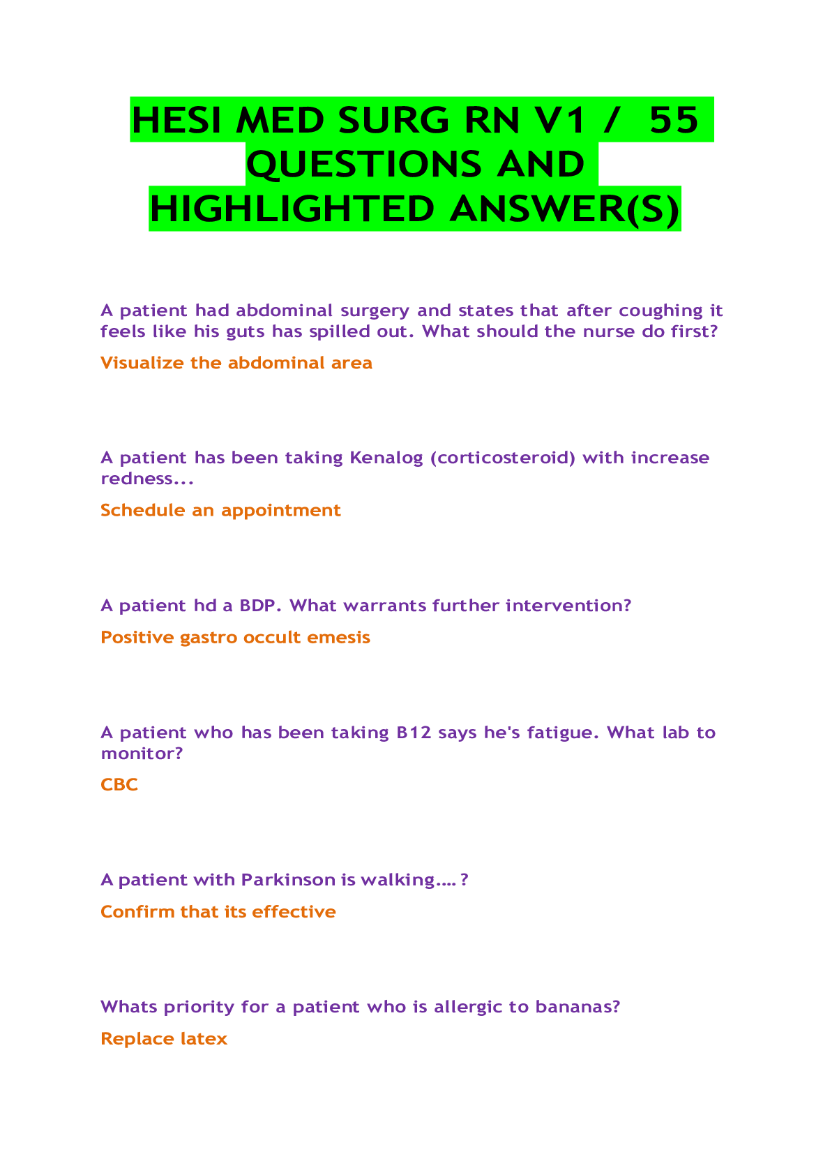 Preview image for HESI MED SURG RN V1 / 55 QUESTIONS AND HIGHLIGHTED ANSWER(S)